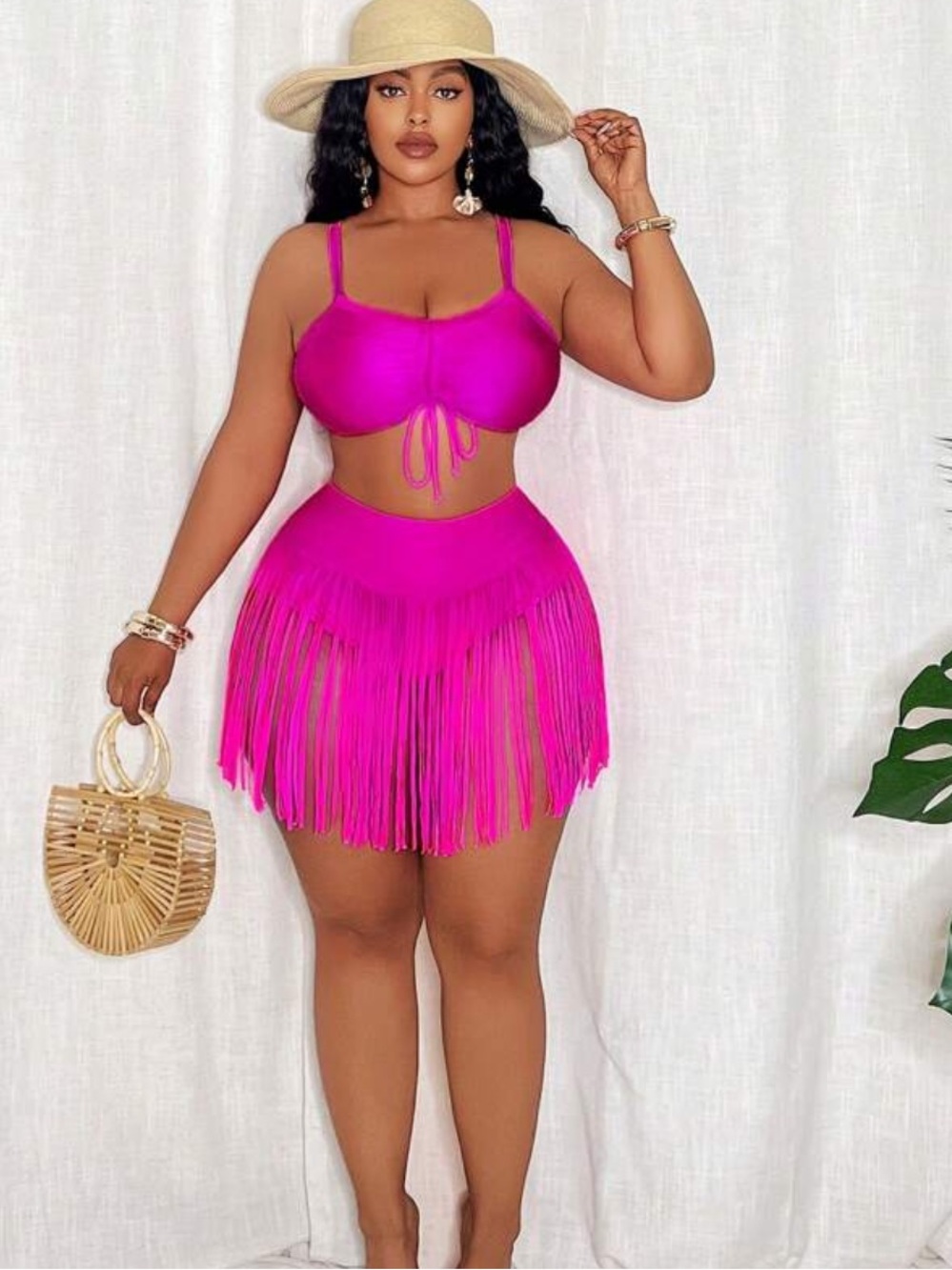 Curve Fringe Two Piece Bathing Suit - Hot Pink